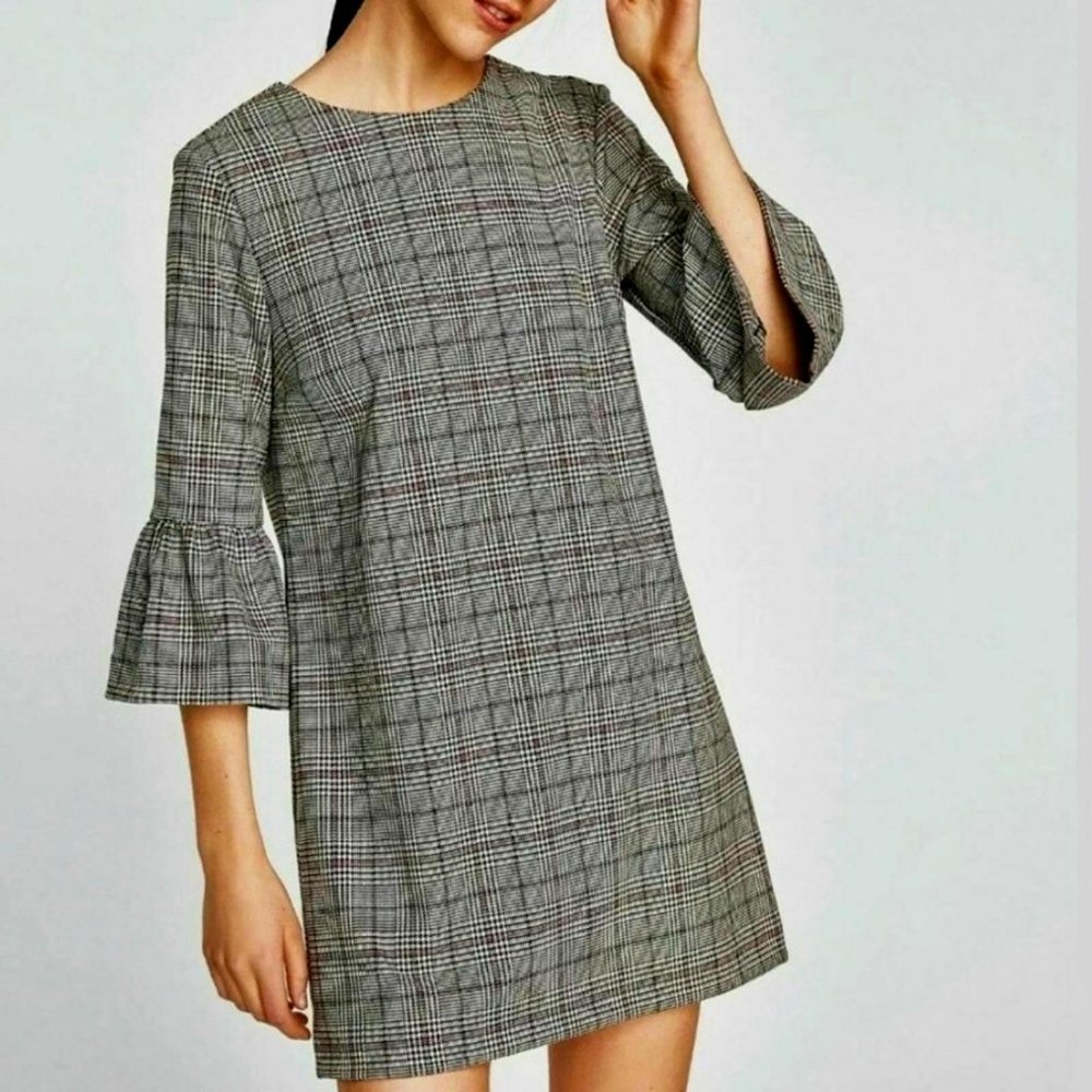 Zara Woman Plaid Bell Sleeve Shift Dress XS